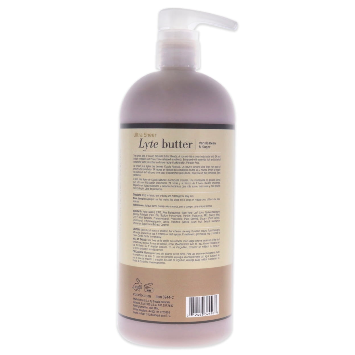Ultra Sheer Lyte Butter - Vanilla Bean and Sugar by Cuccio Naturale for Unisex - 32 oz Body Butter