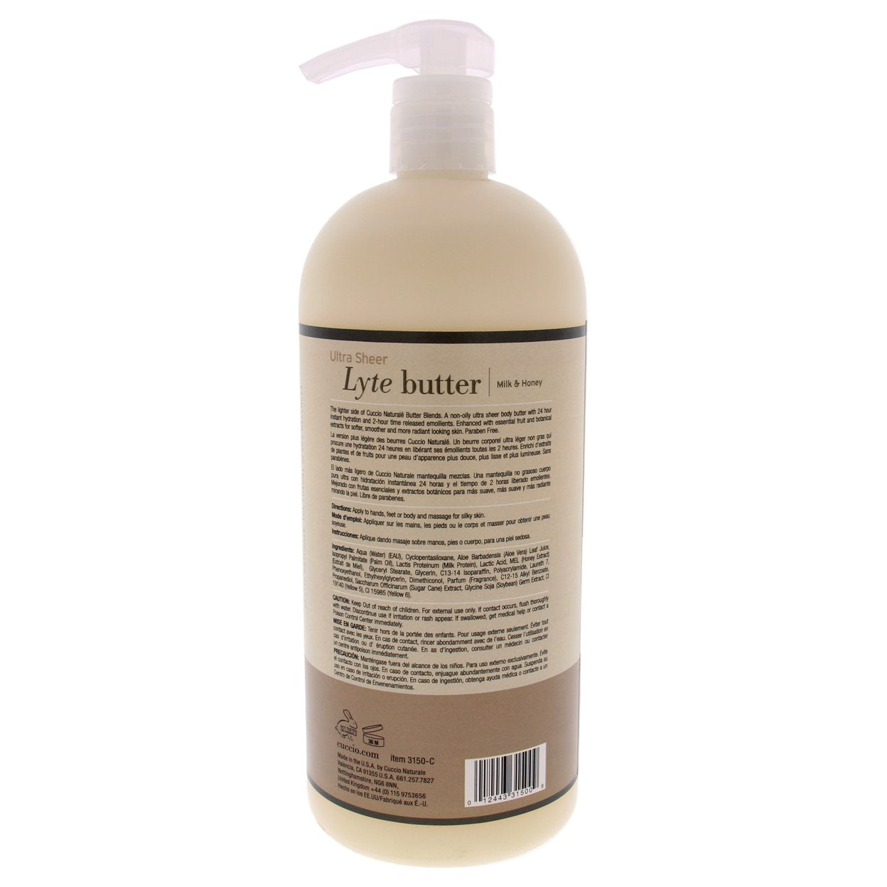 Ultra Sheer Lyte Butter - Milk and Honey by Cuccio Naturale for Unisex - 32 oz Body Butter