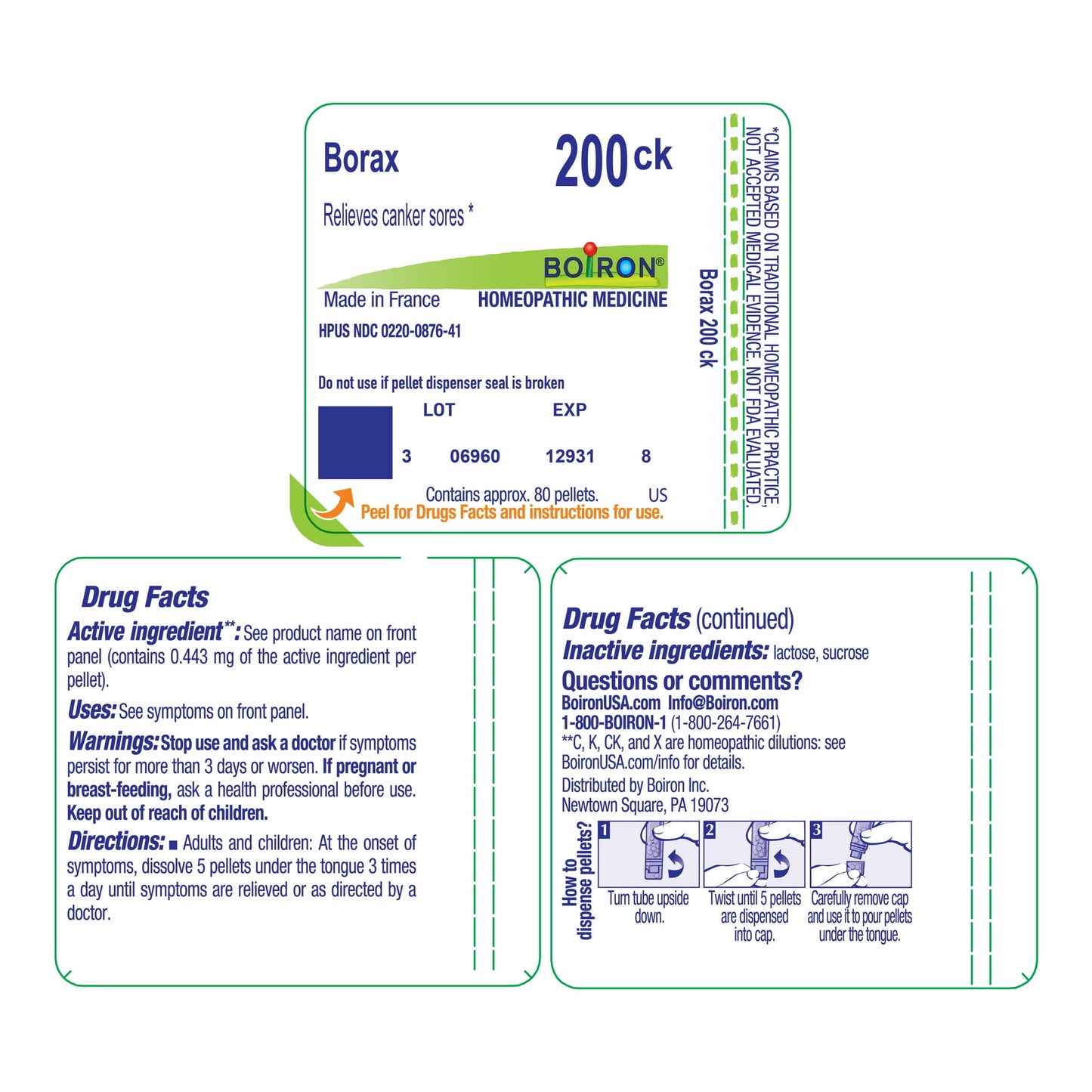 Boiron Borax 200CK, Homeopathic Medicine for Pain Relief, 80 Pellets