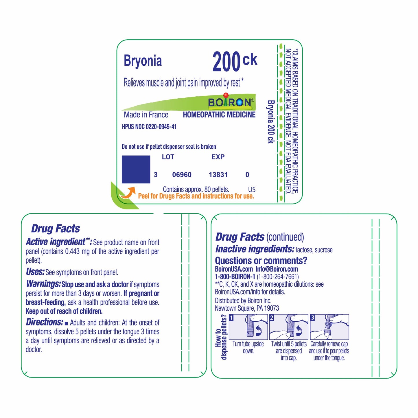 Boiron Bryonia 200CK, Homeopathic Medicine for Pain Relief, 80 Pellets