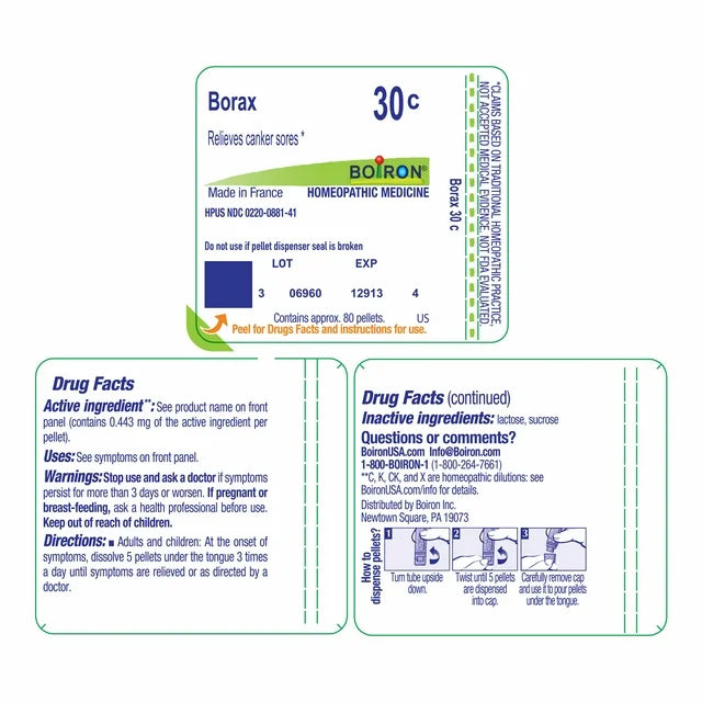 Boiron Borax 30C, Homeopthic Medicine for Cancer Sores Relief, 80 Pellets