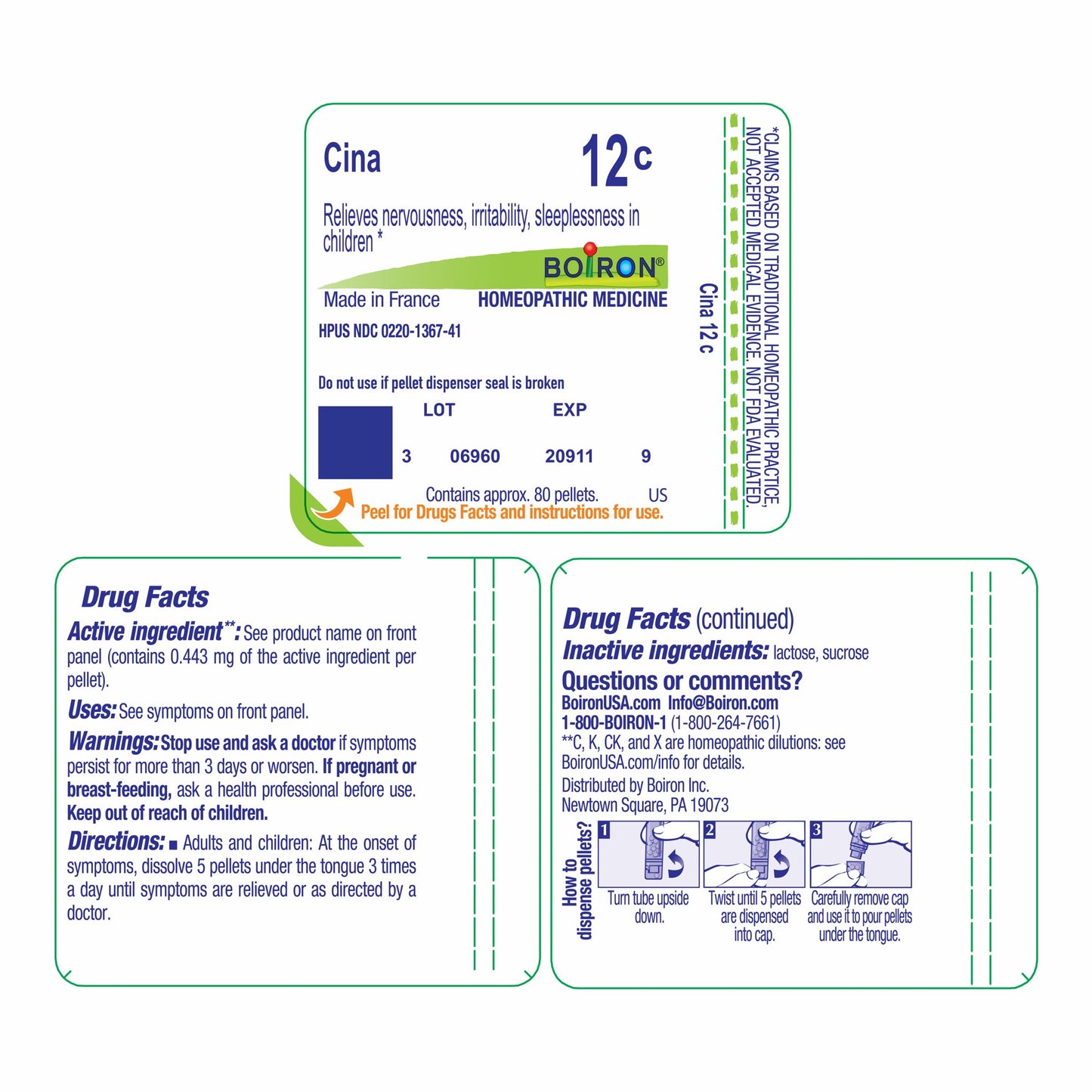 Boiron Cina 12C, Homeopathic Medicine for Nervousness, Irritability, Sleeplessness in Children, 80 Pellets