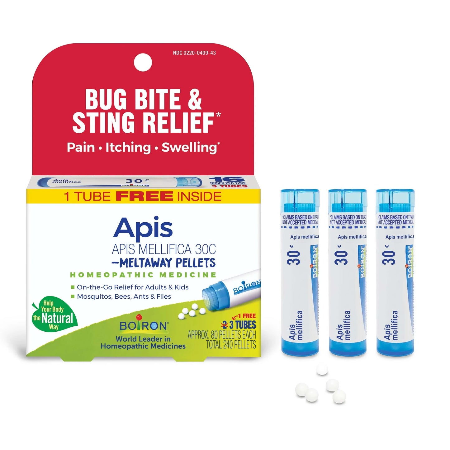 Boiron Apis Mellifica 30C Bonus Pack, Homeopathic Medicine for Bug Bite & Sting Relief, Pain, Itching, Swelling Relief, 240 Pellets (3 Pack)