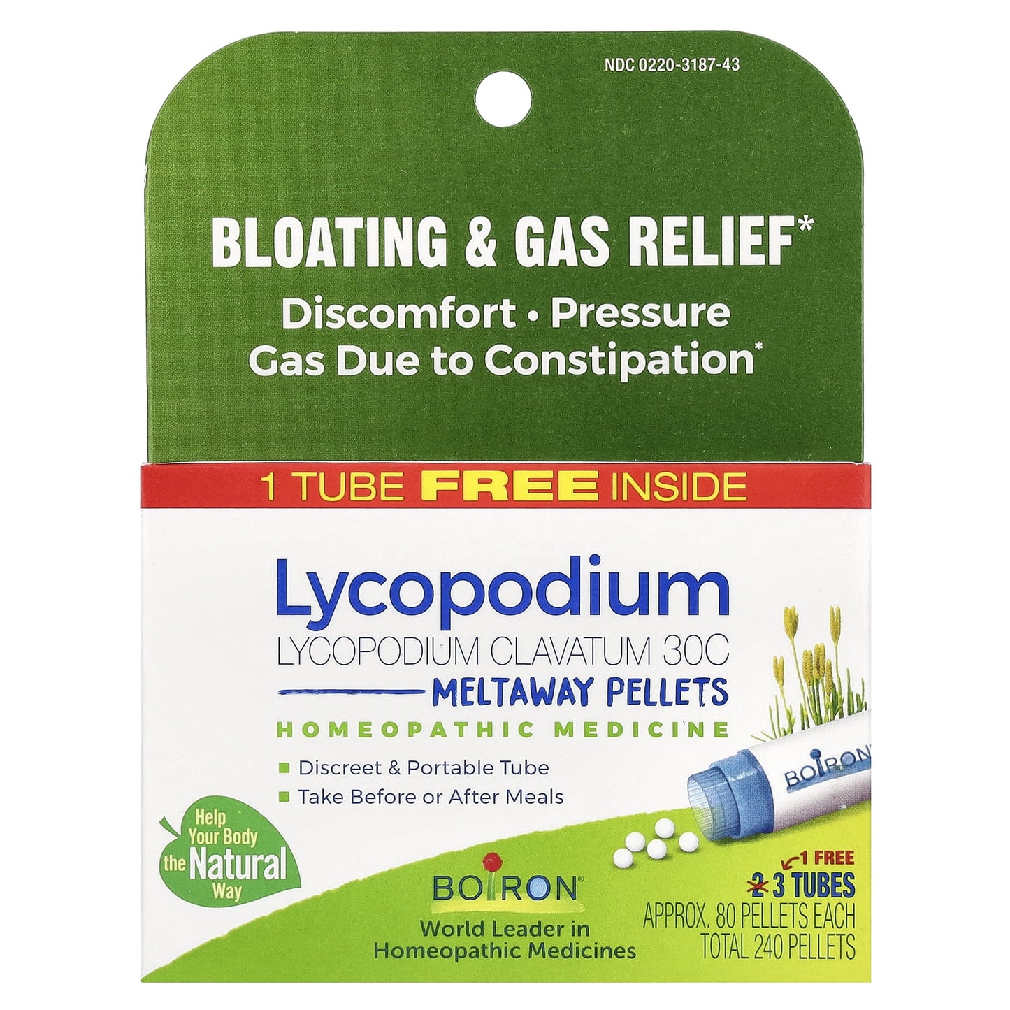 Boiron Lycopodium Clavatum 30C, Homeopathic Medicine for Bloated Abdomen Improved By Passing Gas, 80 Pellets (3 Tubes)