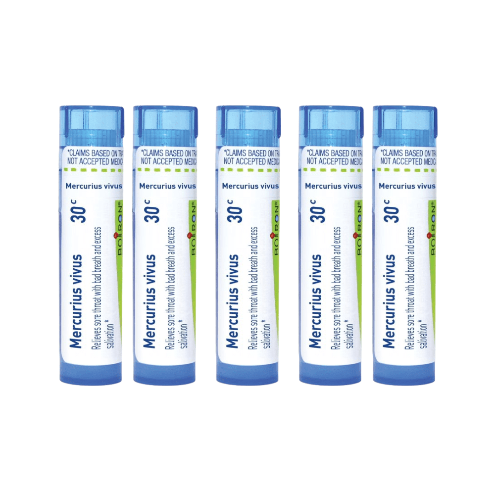 Boiron Mercurius Vivus 30C, Homeopathic Medicine for Sore Throat With Bad Breath And Excess Salivation, 80 Pellets (5 Pack)