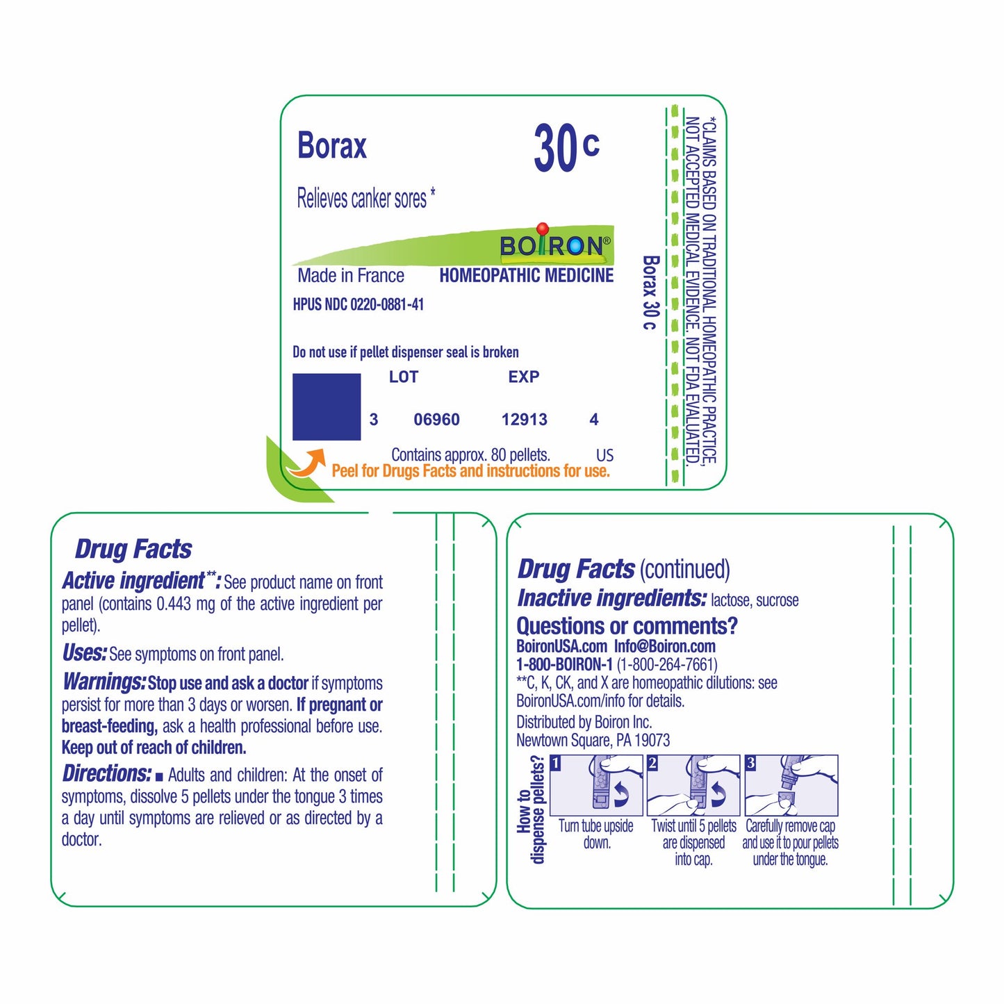 Boiron Borax 30C, Homeopthic Medicine for Cancer Sores Relief, 80 Pellets x 5