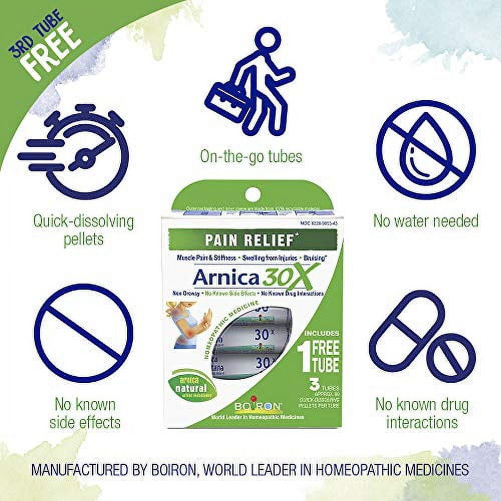 Boiron Arnica Montana 30X, 5 tubes, for Muscle Pain, Stiffness, Swelling from Injuries & Bruises