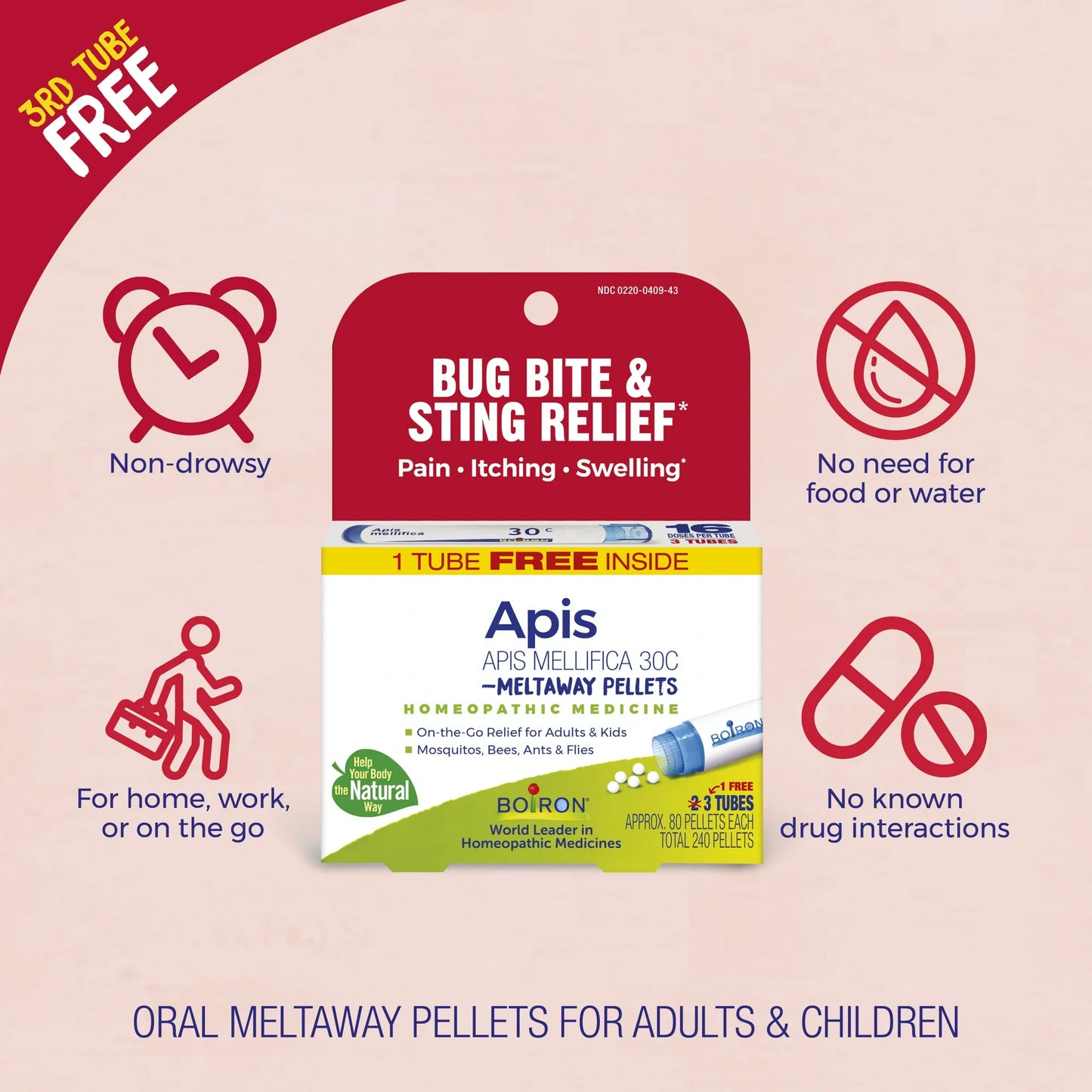 Boiron Apis Mellifica 30C Bonus Pack, Homeopathic Medicine for Bug Bite & Sting Relief, Pain, Itching, Swelling Relief, 240 Pellets (3 Pack)