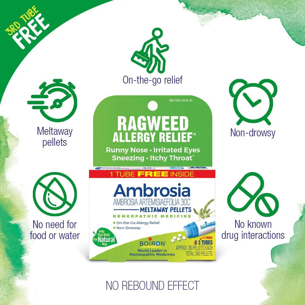 Boiron Ambrosia 30C Bonus Pack Ragweed Allergy Relief, Runny Nose, Irritated Eyes, Sneezing, Itchy Throat, 3 x 80 Pellets