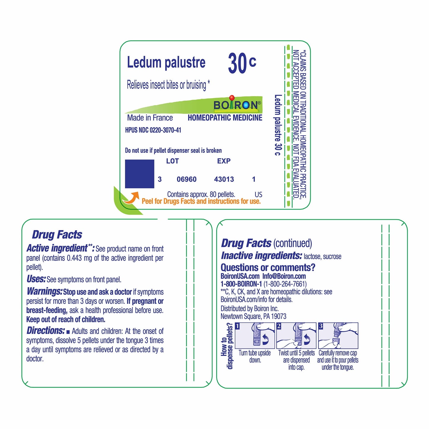 Boiron Ledum Palustre 30C, Homeopathic Medicine for Insect Bites or Bruising Relief, 80 Pellets (3 Pack)